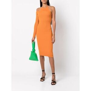 Monse Orange Asymmetrical Rib-Knit Merino Wool Midi Dress One Sleeve Halter XS